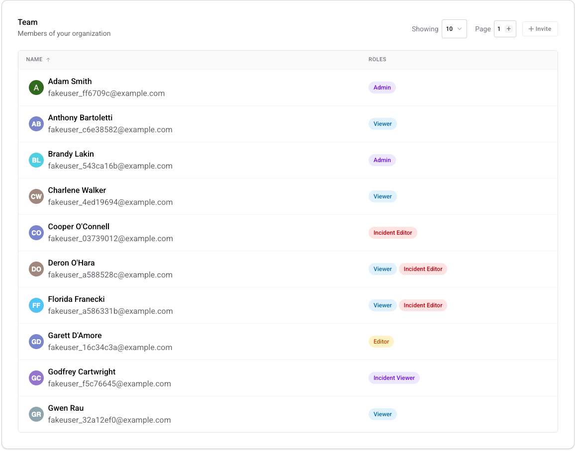 Team page viewed by a non-admin member, showing the member list with name and role columns only and no Deactivate or administrative buttons