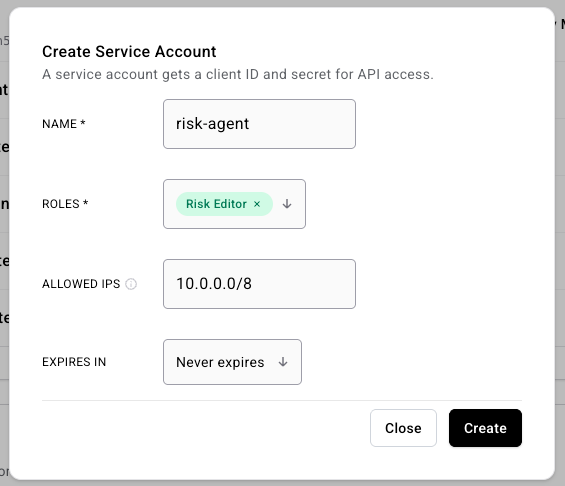 Create Service Account modal subtitled 'A service account gets a client ID and secret for API access', with fields for Name (required), Roles (required multi-select), Allowed IPs (optional, CIDR notation), and Expires in (preset options, defaulting to Never expires)