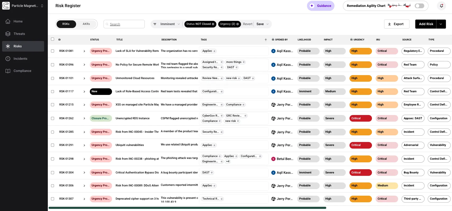 Risk Register table view in the Adversarial platform