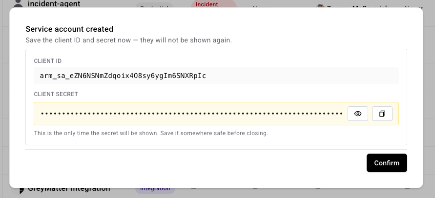 Service account created confirmation showing the Client ID (arm_sa_ prefix), Client Secret (masked, with arm_sk_ prefix and Toggle visibility / Copy to clipboard buttons), and the warning 'This is the only time the secret will be shown. Save it somewhere safe before closing.'