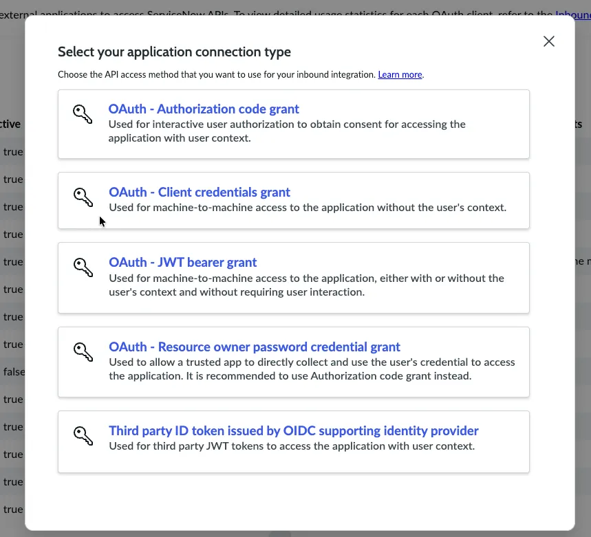 Selecting the client credentials grant connection type