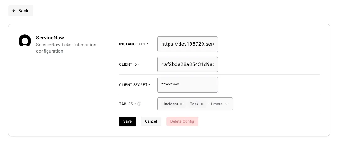ServiceNow integration configuration