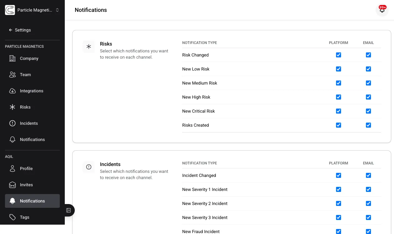 User notification preferences page showing notification types with Platform and Email checkboxes